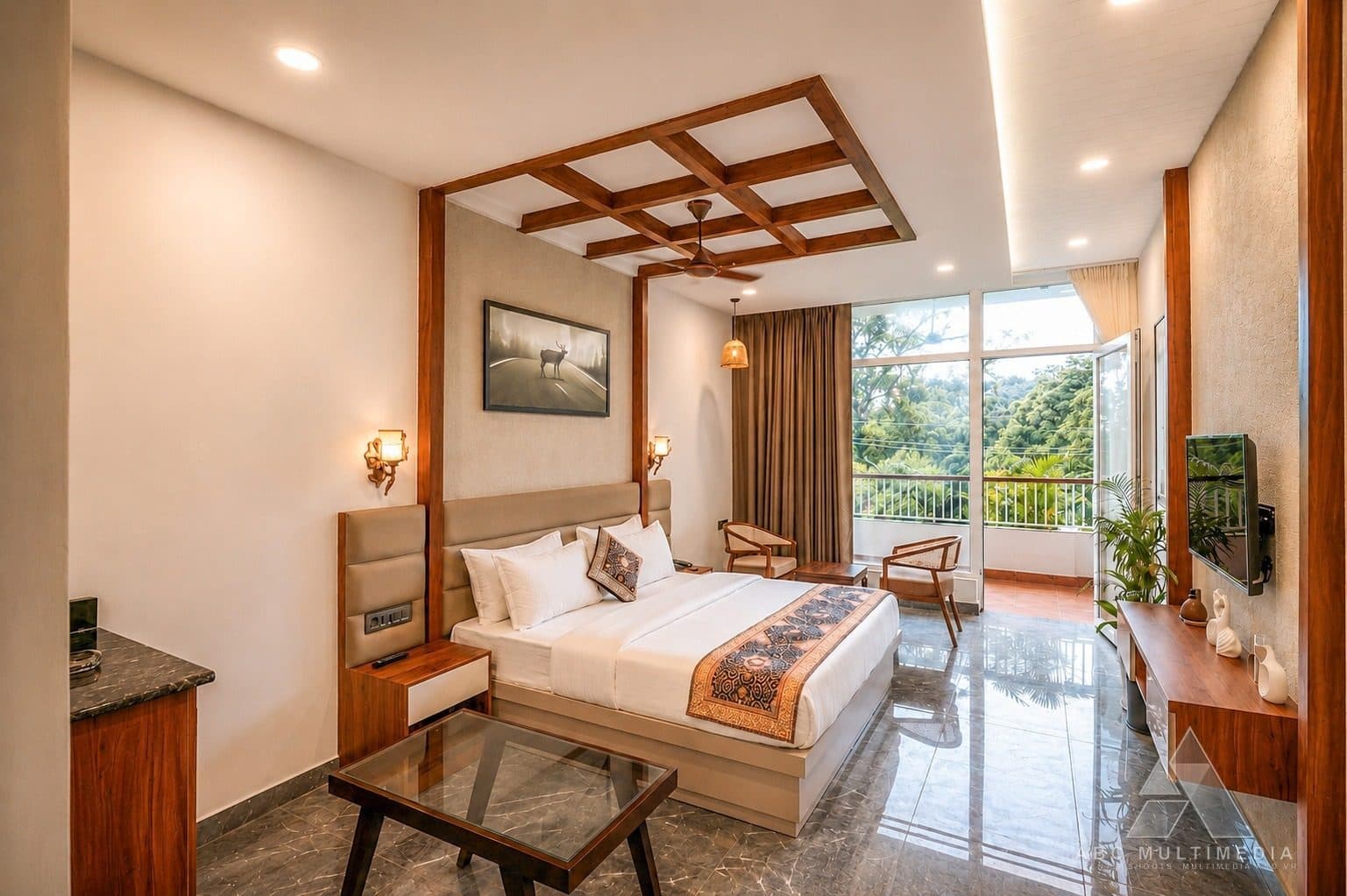 A Destinn room with timber ceiling and balcony doors