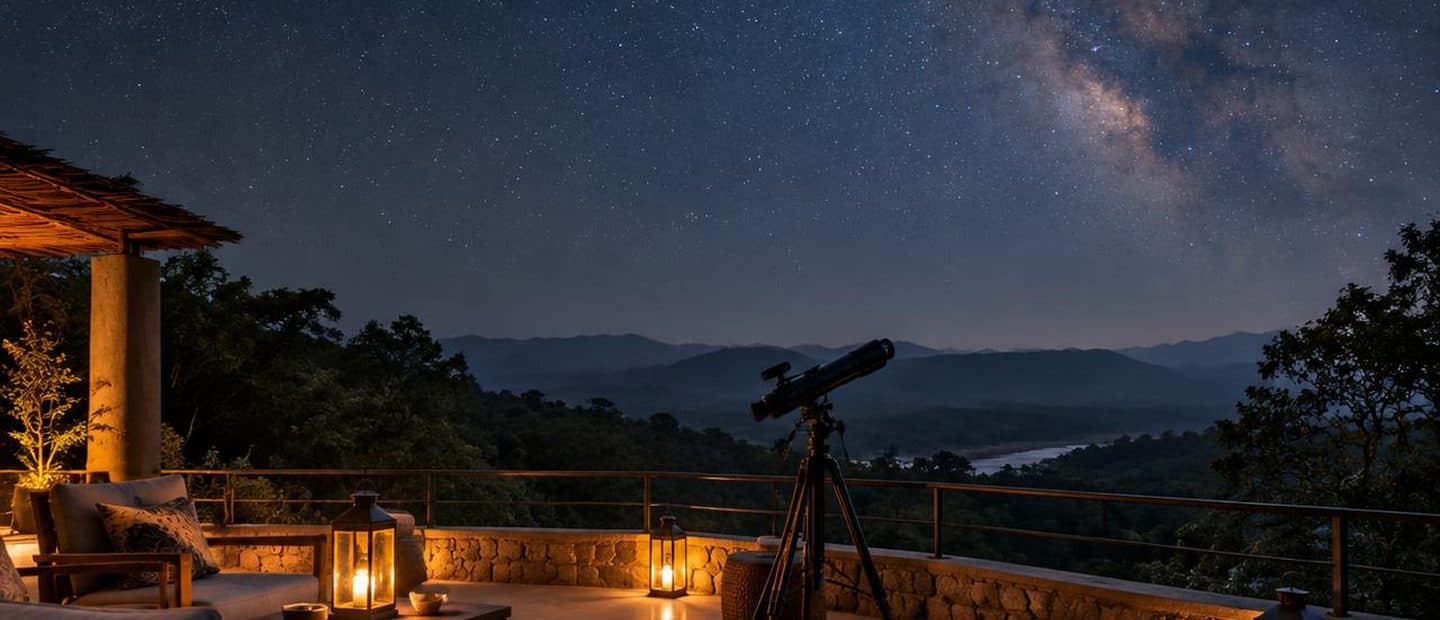 A telescope on the rooftop under a starry sky