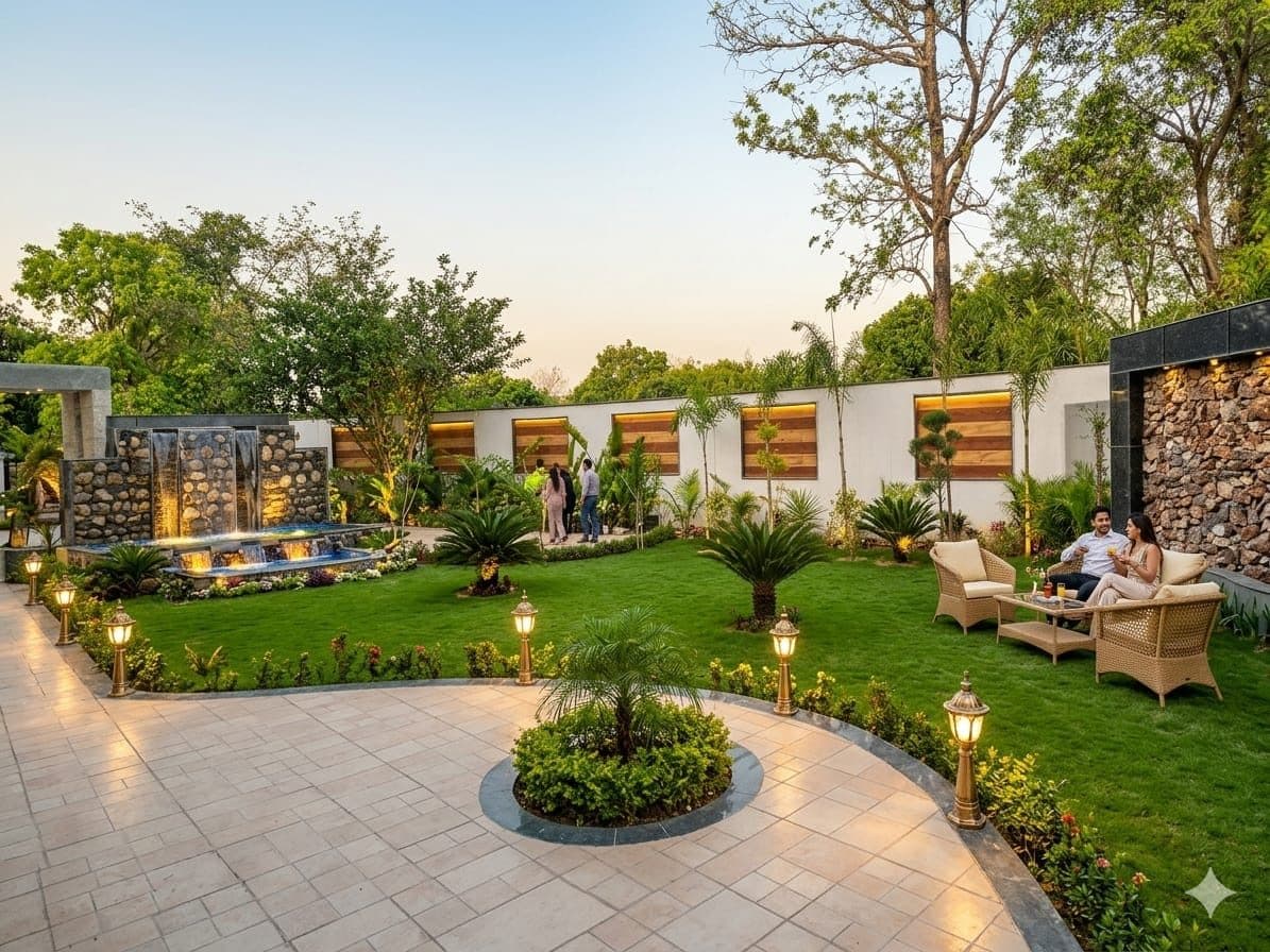 The lawn and lit garden walk at Destinn Dhela Retreat at dusk